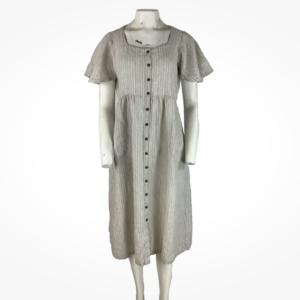 Lands End Sz S (6-8) 100% Linen Button Front Travel Modest Shirt Dress Beige